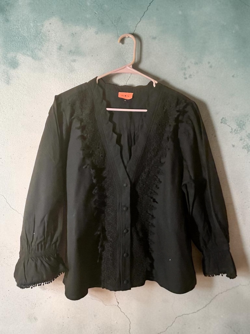 Women's Black Lace-Trim Button Front Blouse